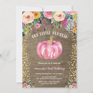 Convite Menina Abóbora Primeiro Aniversário Floral Dourado
