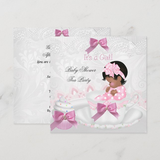 Convite Menina Afro-Americana Churrasco de Bebê Rosa Bebê  (Frente/Verso)
