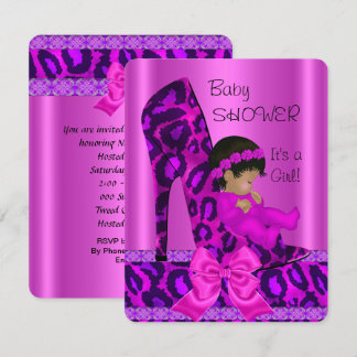 Convite Menina Afro-Americana Churrasco de Bebê Rosa Leopa