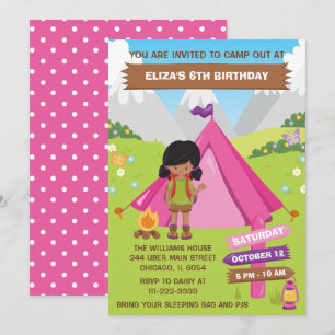 Convite Menina Afro-Americana de Aniversário de Acampament
