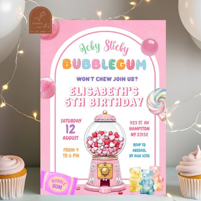 Convite Menina Aniversariante de Bala de Bubblegum Rosa (Criador carregado)