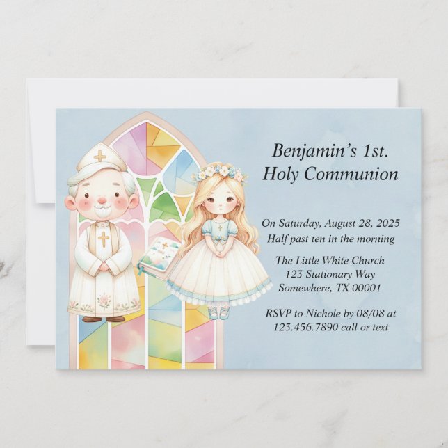 Convite Menina Aquarela Azul 1ª. Comunhão  (Frente)