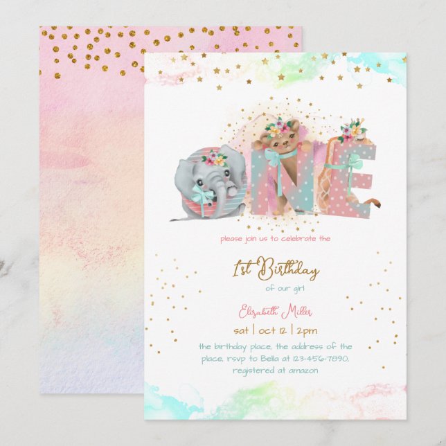 Convite Menina Azul Dourada Rosa Rosa Primeiro Aniversário (Frente/Verso)