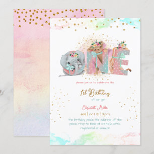 Convite Menina Azul Dourada Rosa Rosa Primeiro Aniversário