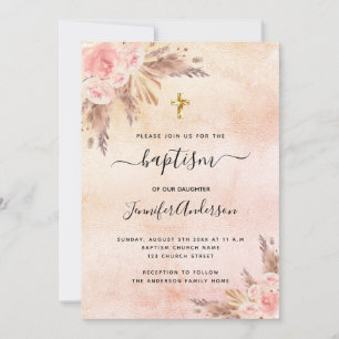 Convite Menina batismo boho pampas rosa dourado rosa