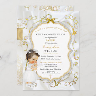Convite Menina Batismo Comunhão Dourado Cruz