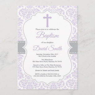 Convite Menina Batismo Convocando Roxo e Cinza Damasco