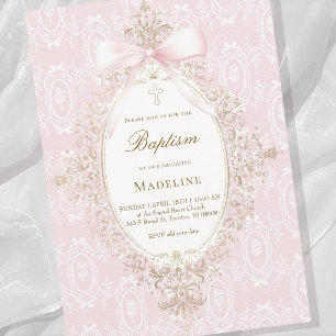 Convite menina Batismo laço rosa