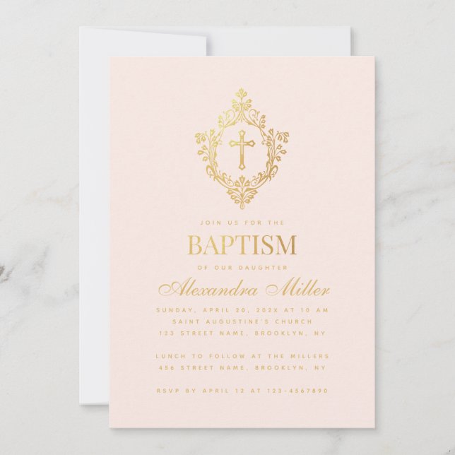 Convite Menina Batismo Rosa Falso Cruz Dourada em Crest Bl (Frente)