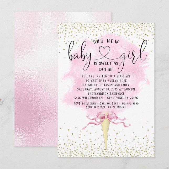 Convite Menina Bebê Chá de Bebê Algodão Doce Rosa Dourado (Frente/Verso)