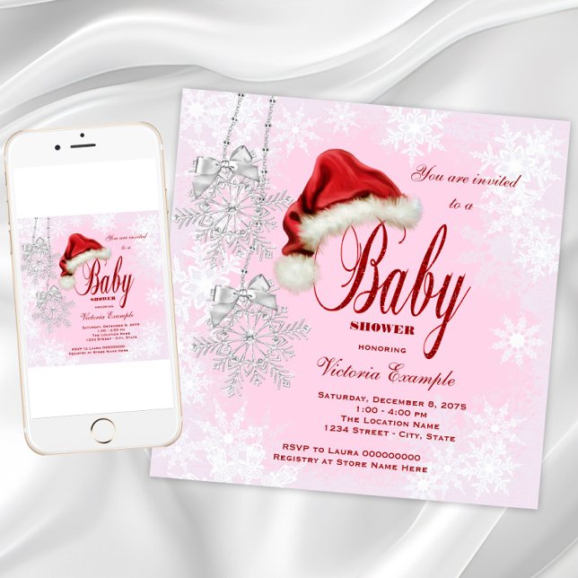 Convite Menina Bebê Chamada Natal Chapéu de Papai Noel Flo (Pink snowflake Christmas baby shower invitation. Instant download and printed invitations available.)