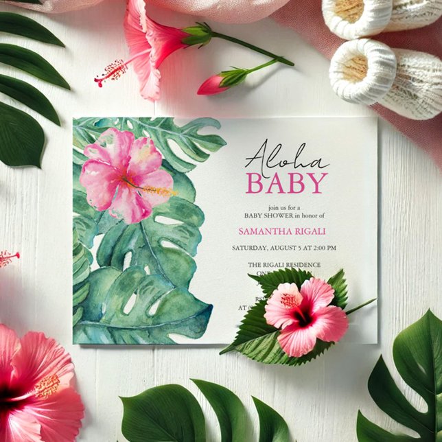 Convite Menina Bebê Invoca Aloha (Aloha baby shower invitations watercolor pink hibiscus and palm leaf art by Victoria Grigaliunas)