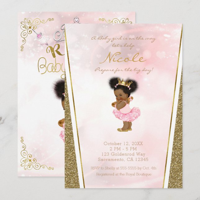 Convite Menina Bebê Preta Princesa Brilho Dourado Rosa Vin (Frente/Verso)
