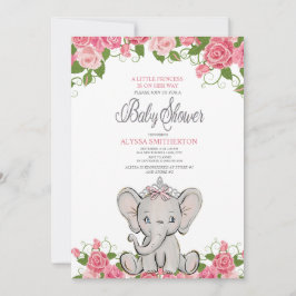 Convite Menina Bebê Princesa Tiara Elefante Rosa Floral