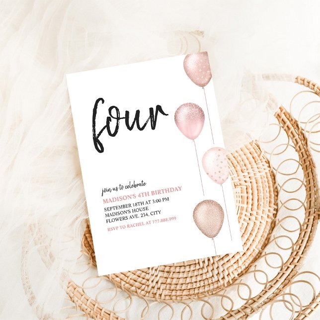 Convite Menina Bexigas Rosa Claro Simples 4º Aniversário (Criador carregado)