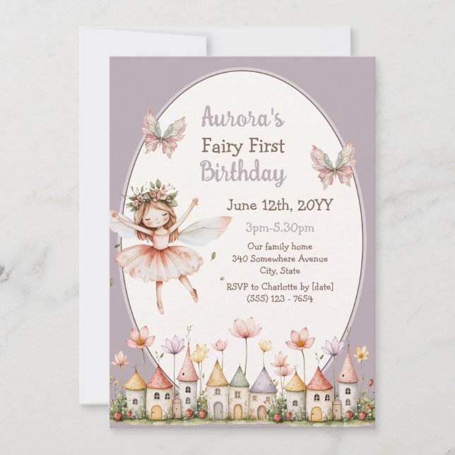 Convite Menina Boho Bebê Fantasia Fada Primeiro Aniversári (Frente)