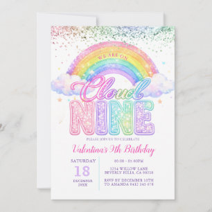 Convite Menina Brilho Arco-Íris Pastel Nove Aniversário