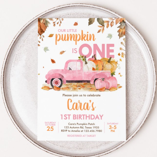 Convite Menina Caminhão de Abóbora Rosa de Aniversário de  (Pink Pumpkin Truck Fall Birthday Invitation)