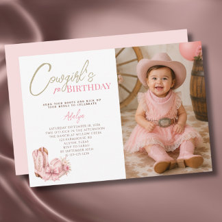 Convite Menina Caubói Rosa Script Foto 1º Aniversário