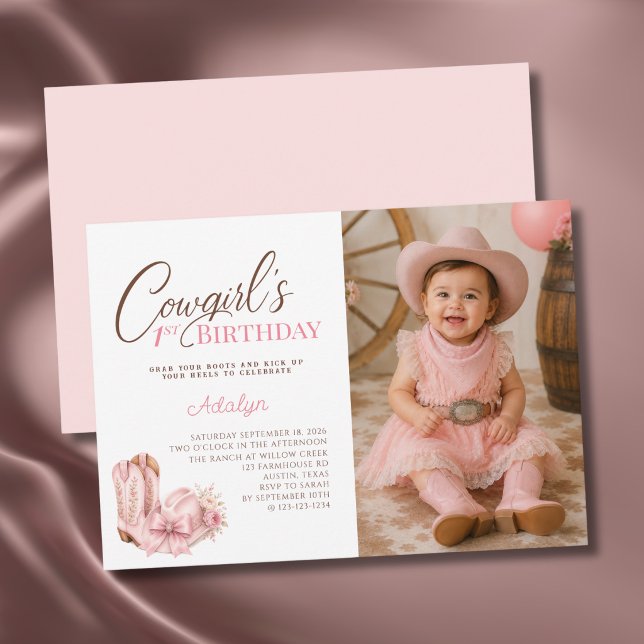 Convite Menina Caubói Rosa Script Foto 1º Aniversário (Criador carregado)