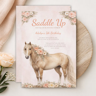 Convite Menina Cavalo Floral Pêssego 5º Aniversário