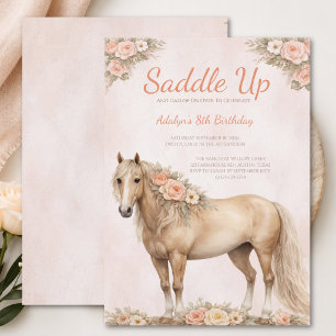 Convite Menina Cavalo Floral Pêssego 8º Aniversário
