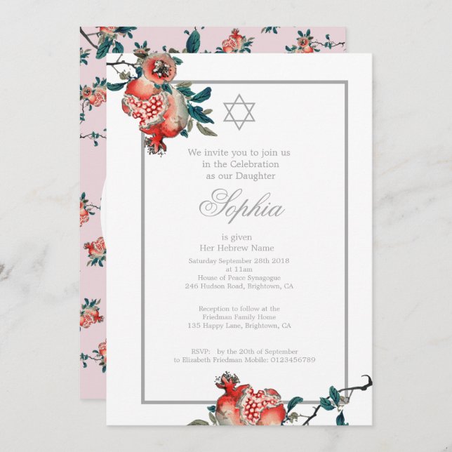 Convite Menina Chamando Pink Silver Pomegranate (Frente/Verso)