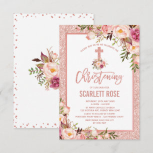 Convite Menina Chic Rosa Dourada Floral Christening