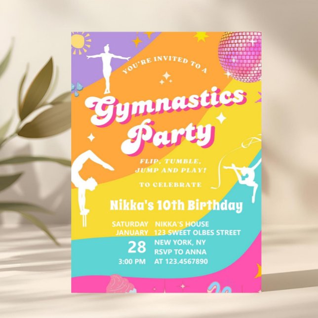 Convite Menina Colorido Retro Ginástica Ginasta Aniversári (gymnastics birthday invitation, gymnast party invite, girls gymnastics party, flip tumble party invi)