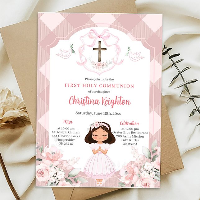 Convite Menina com Crista de Fita Rosa Primeira Comunhão (Criador carregado)