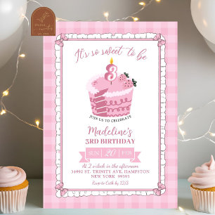 Convite Menina com Laço de Renda Rosa Aniversário de 3 ano