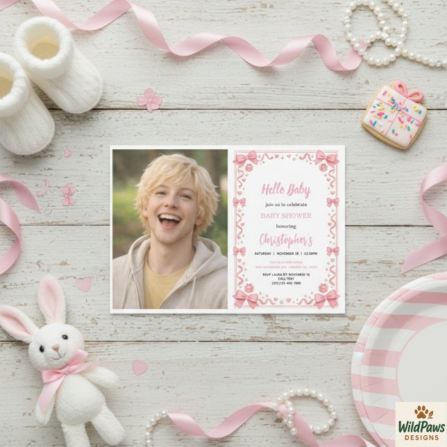 Convite Menina com Laço Rosa Chuvada de Bebê – Foto Divert (Pink Bow Girl Baby Shower – Cute & Fun Photo Invitation
)