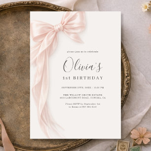 Convite Menina com Laço Rosa no 1º Aniversário