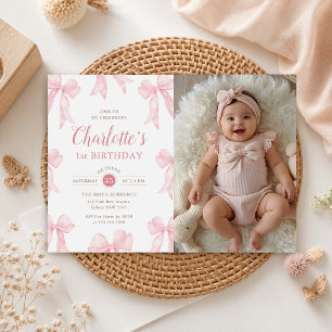 Convite Menina com Laço Rosa no Aniversário de 1 Ano em Fo