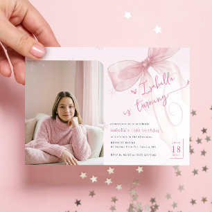 Convite Menina com Laço Rosa no Inverno Foto Aniversário d