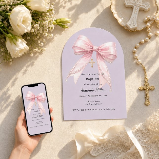 Convite Menina com laço rosa pérolas arco de lavanda empoe (Criador carregado)