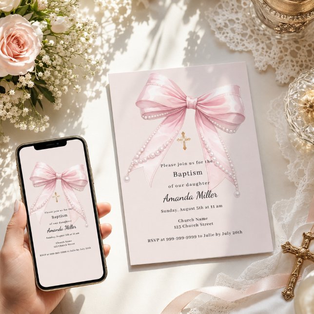 Convite Menina com laço rosa pérolas champanhe Batismo (Criador carregado)