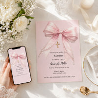 Menina com laço rosa pérolas elegante Batismo