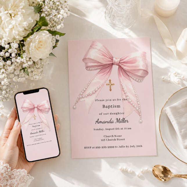 Convite Menina com laço rosa pérolas elegante Batismo (Criador carregado)