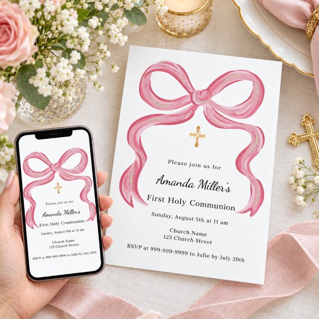 Convite Menina com laço rosa Primeira Comunhão (Criador carregado)