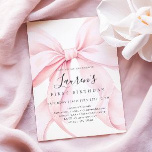 Convite Menina com Laço Rosa Primeiro Aniversário 