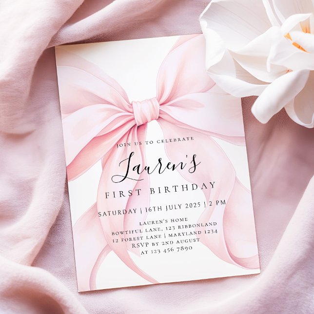 Convite Menina com Laço Rosa Primeiro Aniversário  (Criador carregado)