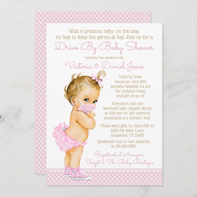 Convite Menina Com Máscara De Chá de fraldas (Frente/Verso)