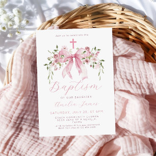 Convite Menina Coquete de Floral com Laço Rosa Batismo