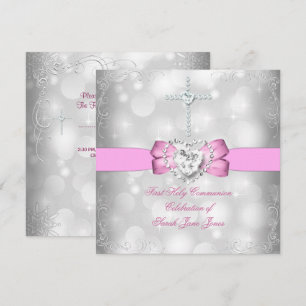 Convite Menina Cor-de-rosa branca de primeira comunhão