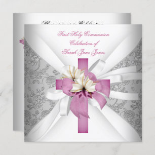 Convite Menina Cor-de-rosa branca de primeira comunhão