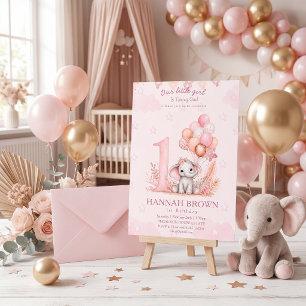 Convite Menina cor-de-rosa elefante floral 1º aniversário