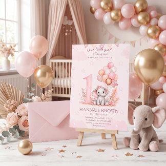 Convite Menina cor-de-rosa elefante floral 1º aniversário