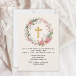 Convite Menina Cruz Dourada Rosa Floral Religioso Batismo 