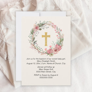 Convite Menina Cruz Dourada Rosa Floral Religioso Batismo